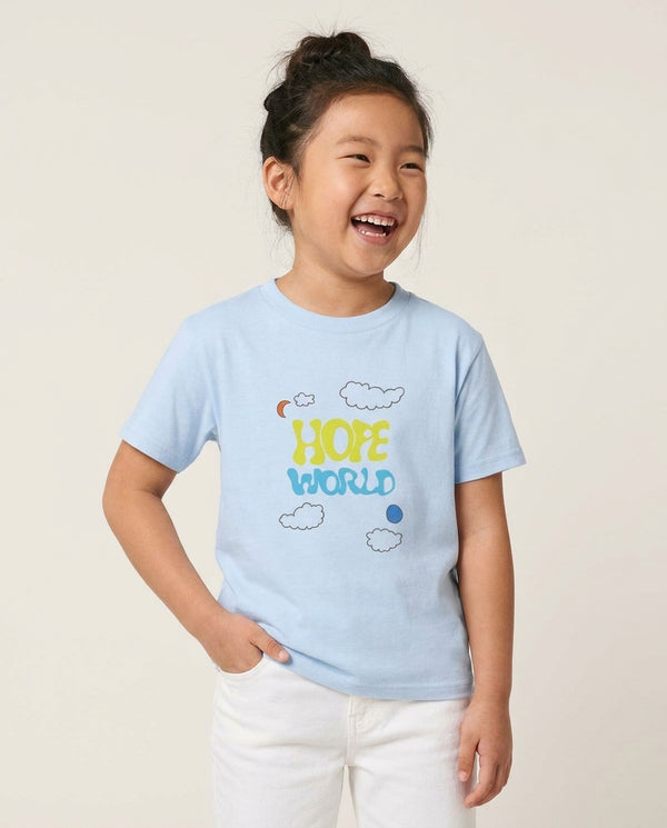 Hope World - BTS Kids T-Shirt — Blue Front, worn
