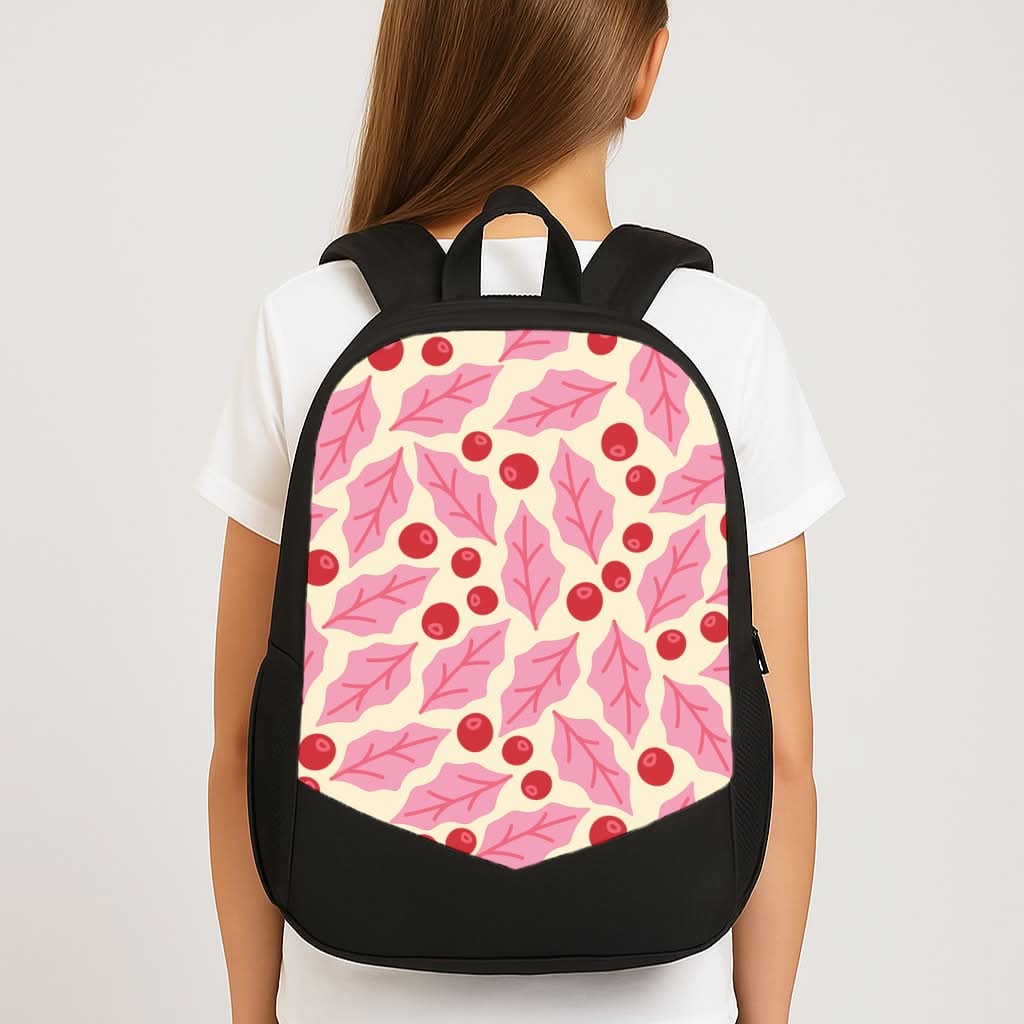 Pink Holly And Berries Pattern School Bag