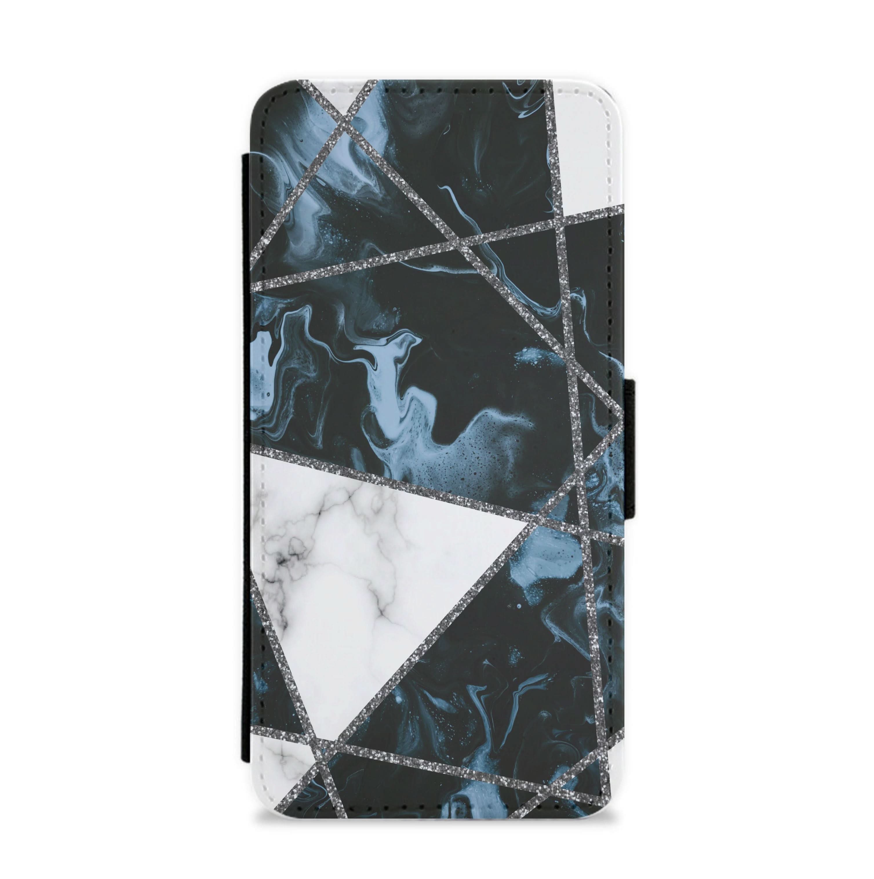 Dark Blue Marble And Silver Collage Flip / Wallet Phone Case