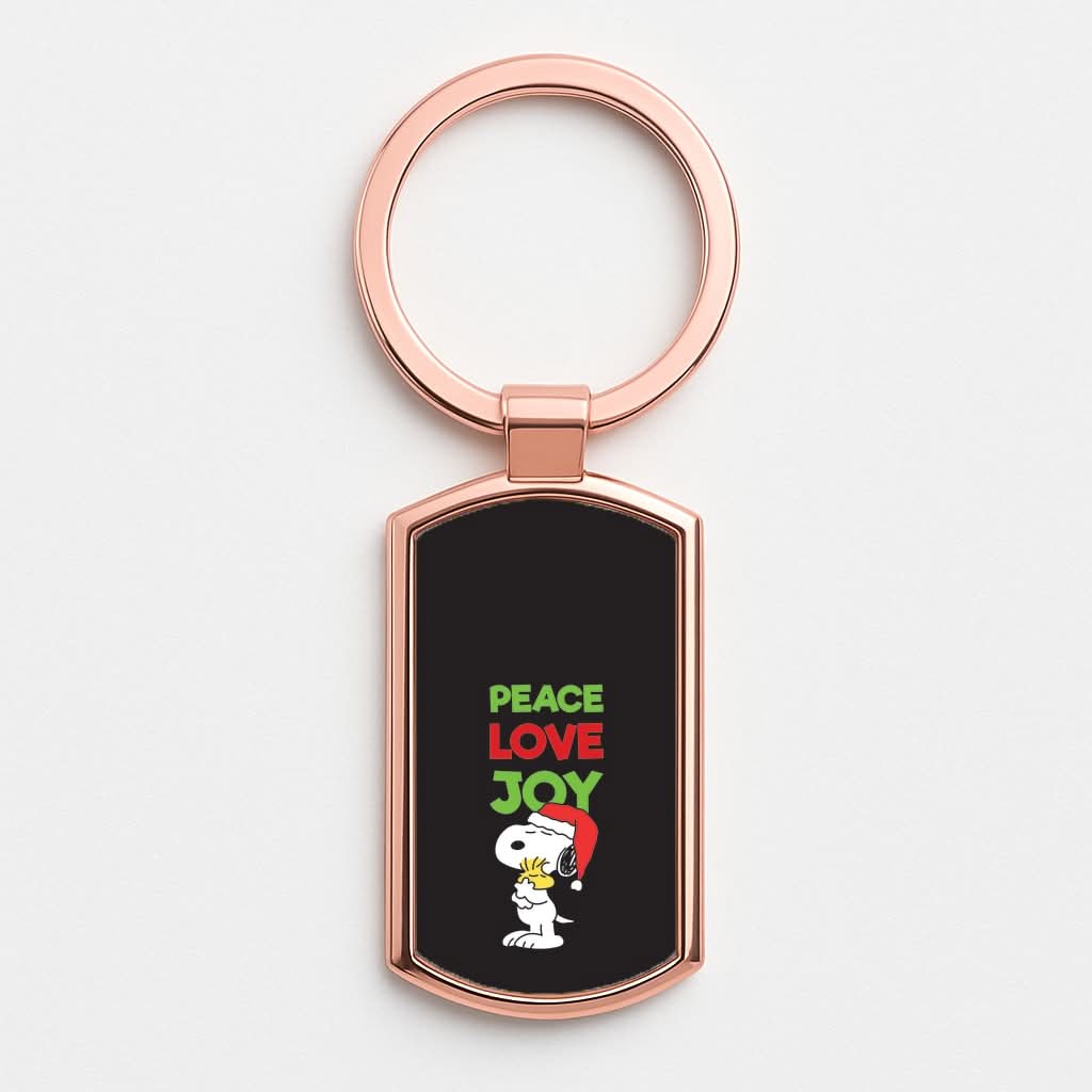 Peace, Love, Joy Christmas Cartoon Beagle Rose Gold Keyring