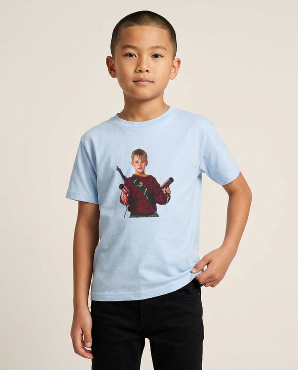 Kevin's Hairdryer Kids T-Shirt Blue Front, worn