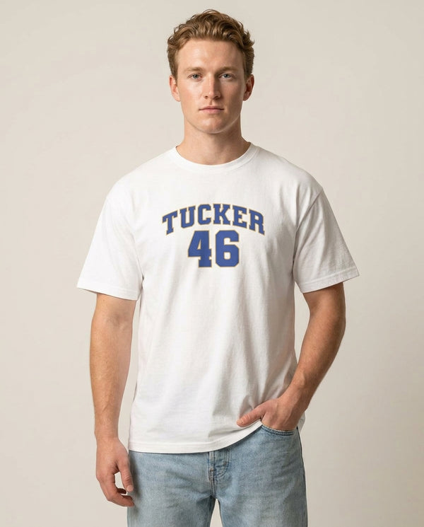 Tucker T-Shirt — White Front, worn