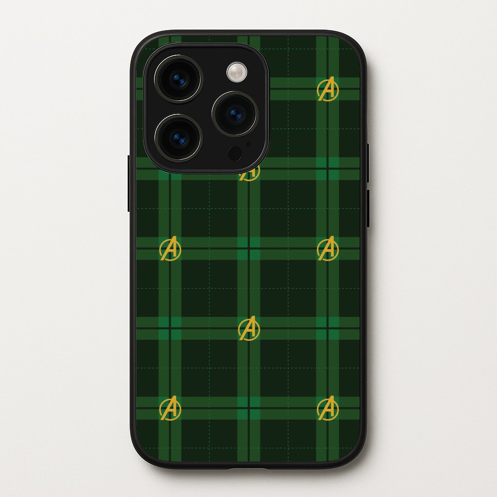 Superhero Team Green Tartan Pattern iPhone 15 Pro Case