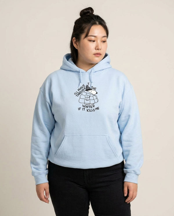 Puffer Jacket Beagle Hoodie Blue Front, worn
