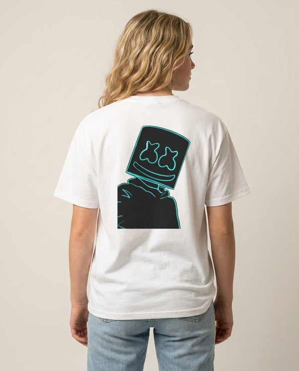 Black White Helmet DJ Neon T-Shirt — White Back, worn