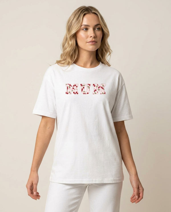 Floral Varsity Mum T-Shirt — White Front, worn