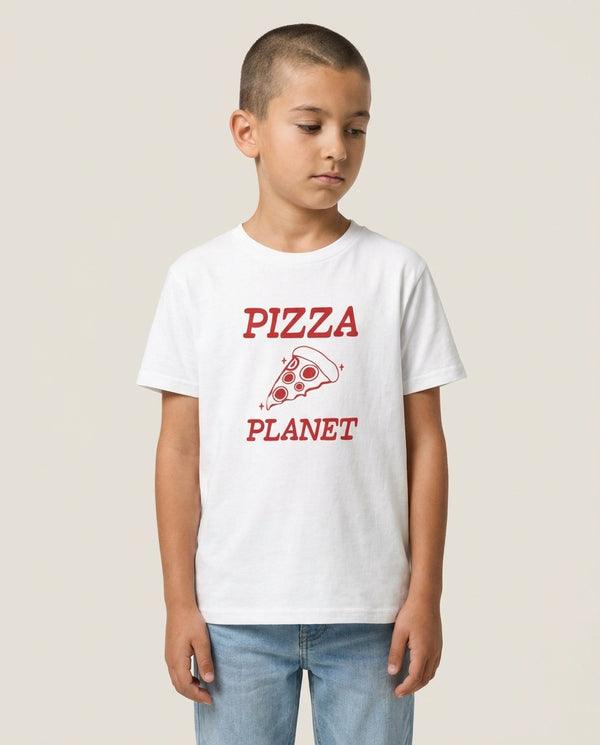 Retro Pizza Planet  Kids T-Shirt — White Front, worn