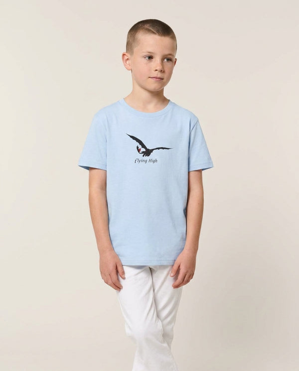 Dragon Flying High Kids T-Shirt — Blue Front, worn