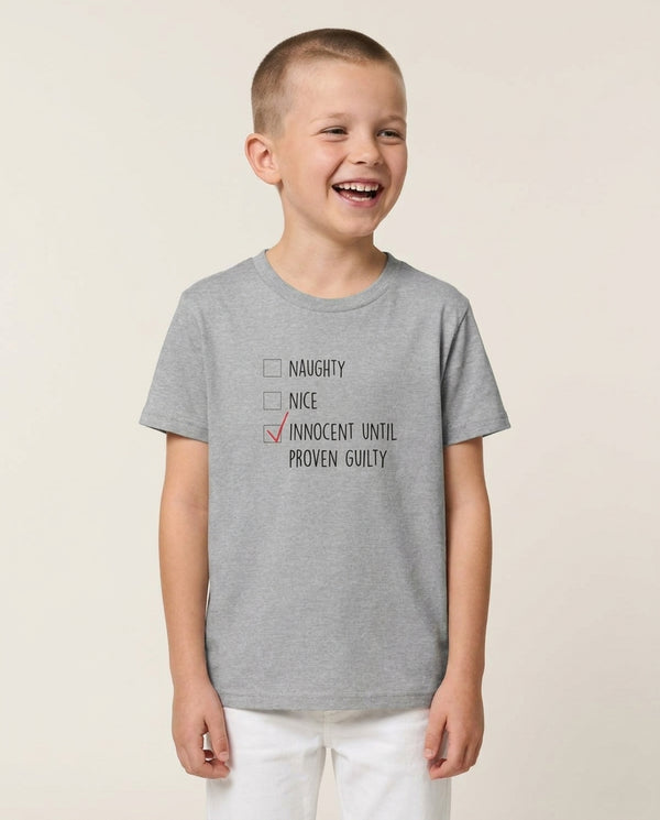 Innocent Until Proven Guilty - Naughty Or Nice  Kids T-Shirt — Grey Front, worn