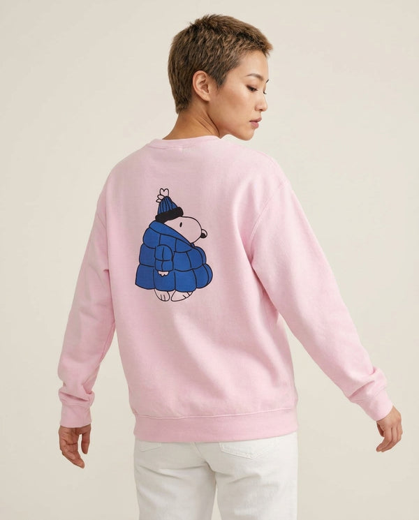 Cartoon Beagle Puffer Jacket Blue Sweatshirt — Pink Back, worn