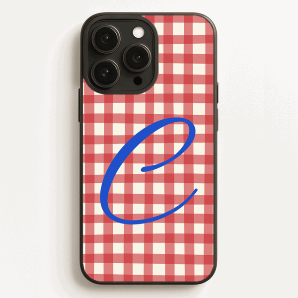 Personalised gingham check phone case with your initial, in ten colourways
