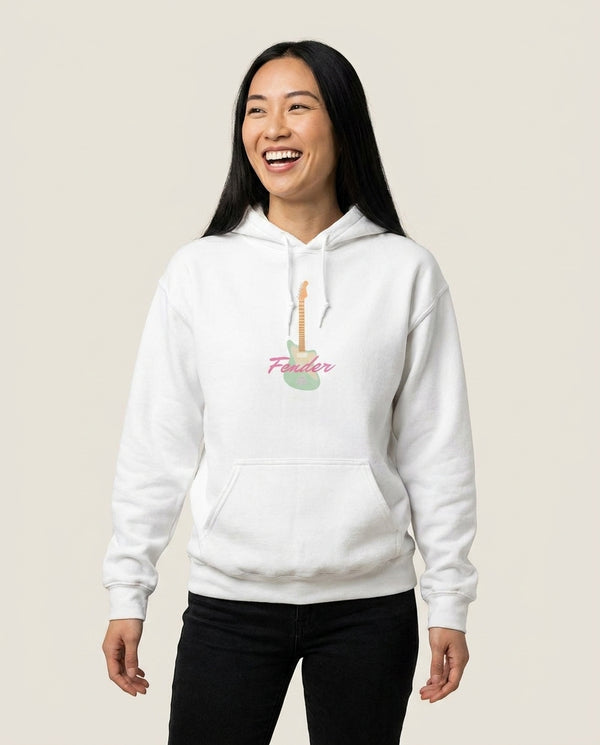 Blue Guitar Fender Hoodie — White Front, worn