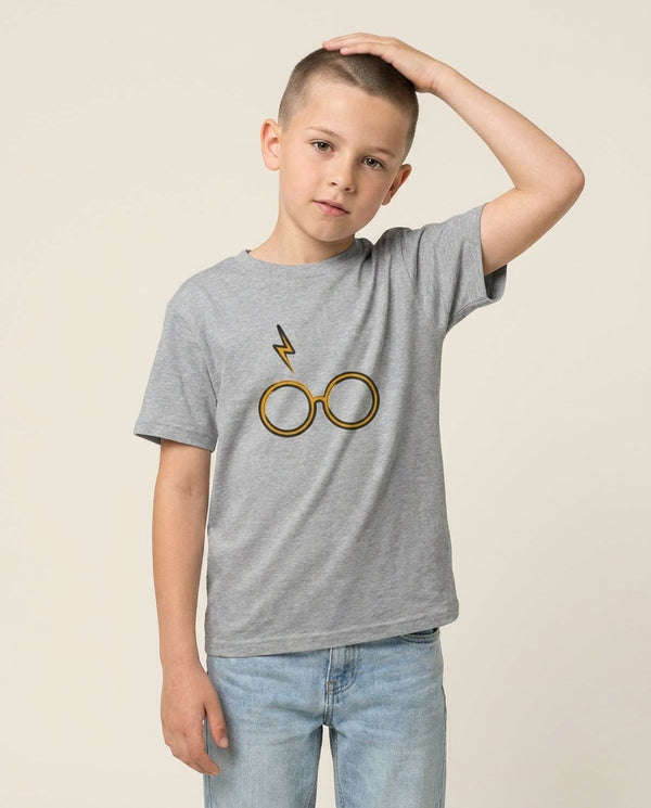 Glasses & Scar Kids T-Shirt — Grey Front, worn