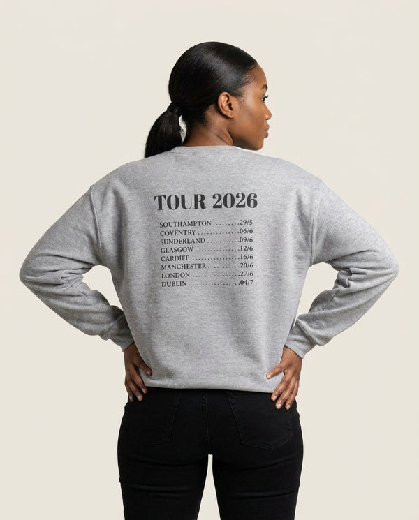 Band Tour 2026 Sweatshirt — Grey Back, worn