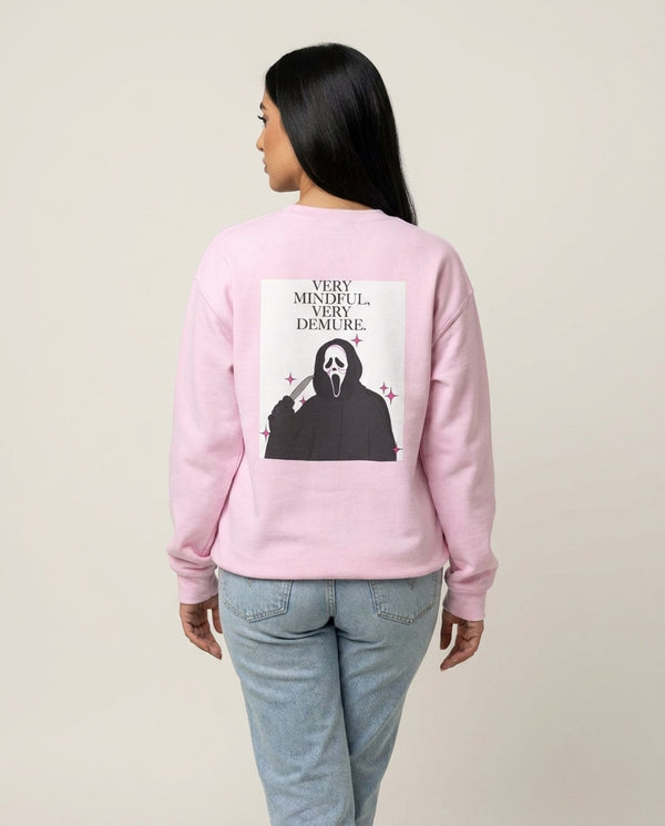 Very Mindful, Very Demure Sweatshirt — Pink Back, worn