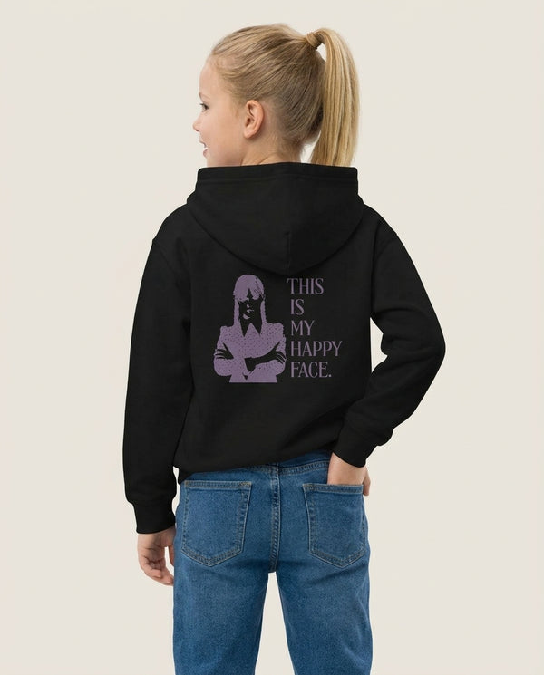 This Is My Happy Face Kids Hoodie — Black Back, worn