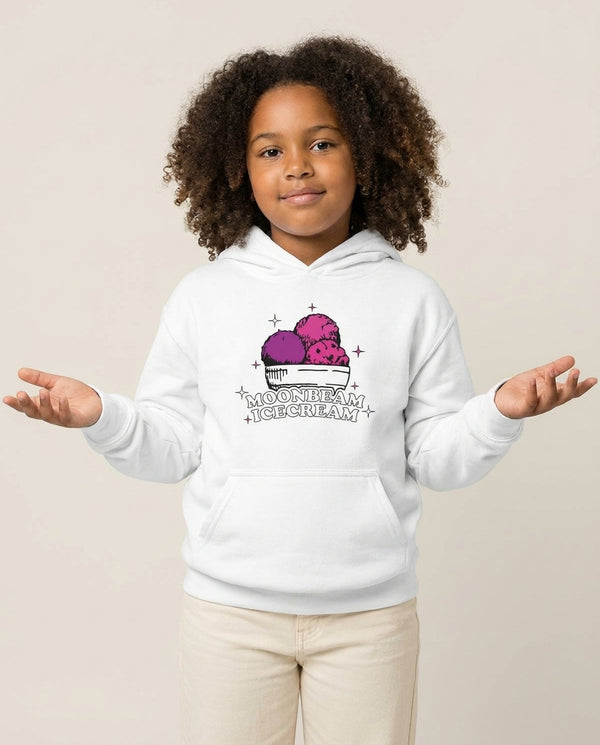 Moonbeam Icecream Kids Hoodie — White Front, worn