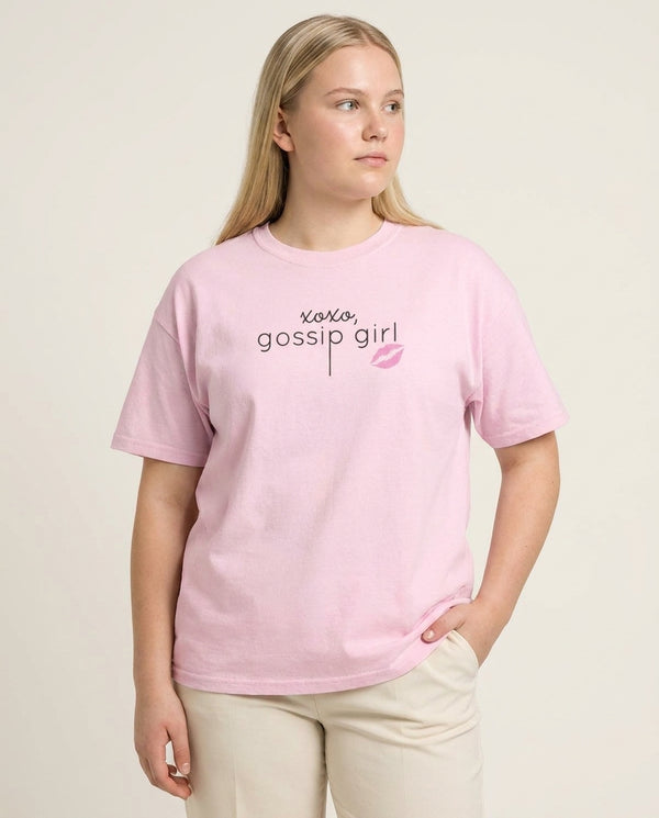 XOXO Gossip T-Shirt — Pink Front, worn