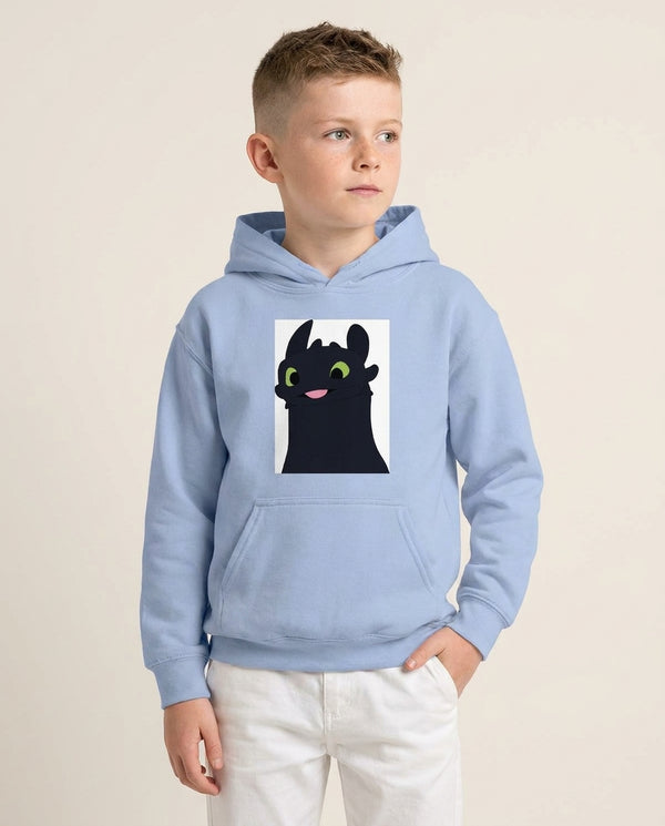 Black Fury Dragon Kids Hoodie — Blue Front, worn