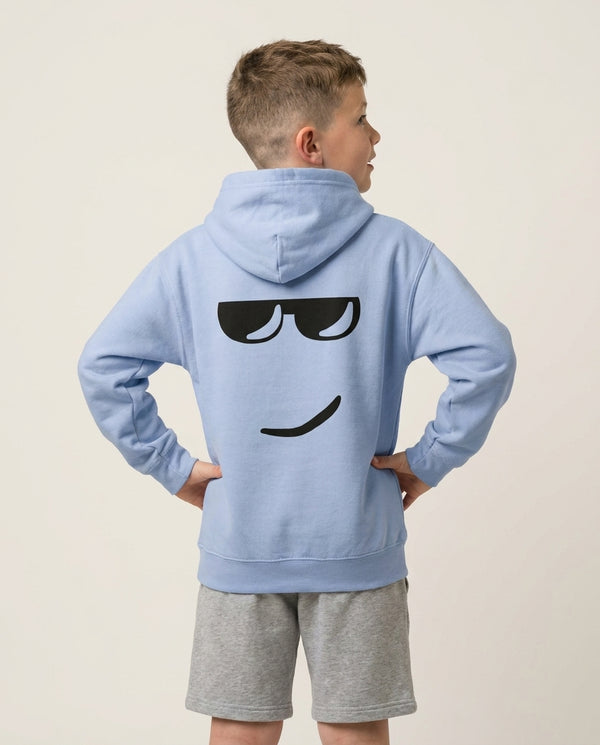 Yellow Face Shades Kids Hoodie — Blue Back, worn