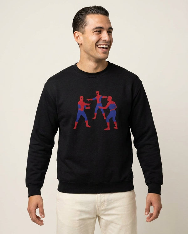Spider Hero Pointing Meme Sweatshirt — Black Front, worn