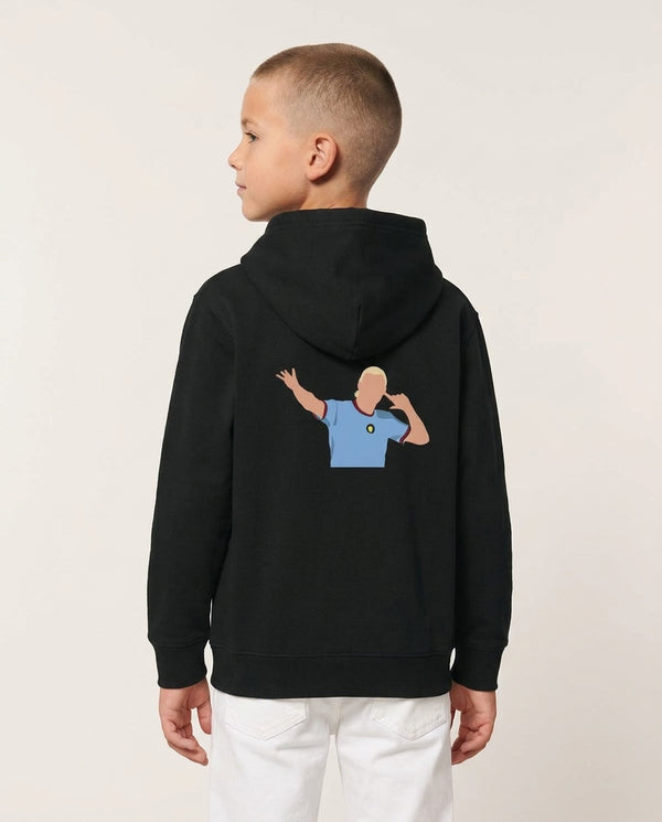 Haaland - Football Kids Hoodie — Black Back, worn