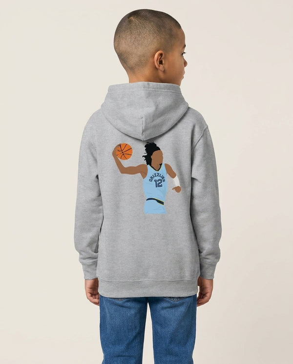 Morant - Basketball Kids Hoodie — Grey Back, worn