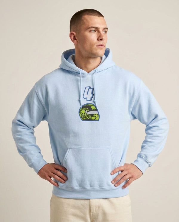 Helmet 4 Hoodie — Blue Front, worn