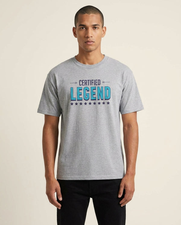 Certified Legend T-Shirt — Grey Front, worn