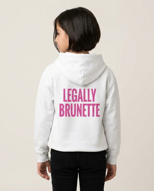Legally Brunette Kids Hoodie — White Back, worn