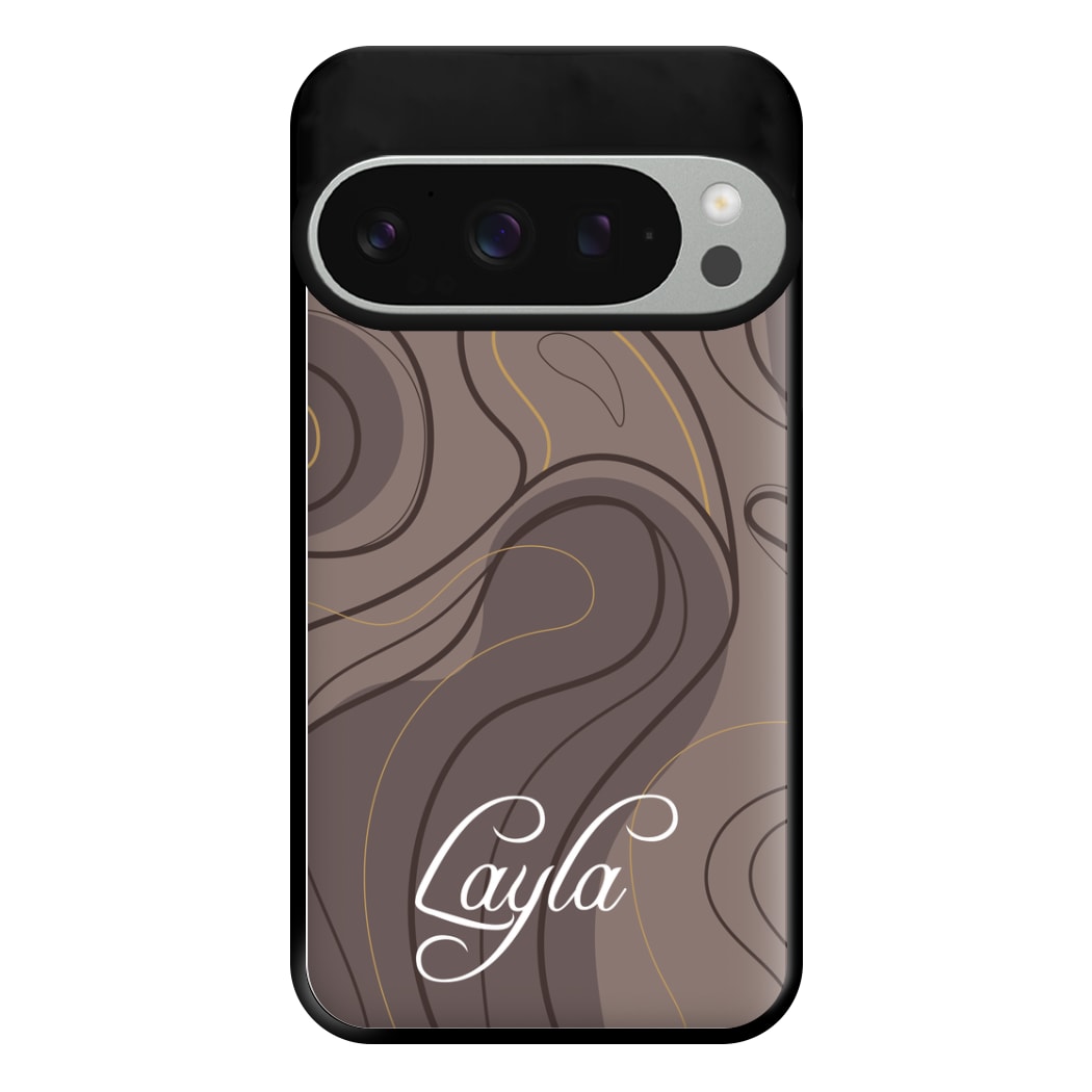 Brown Marble Waves Personalised Name Google Pixel 9 Pro XL Case