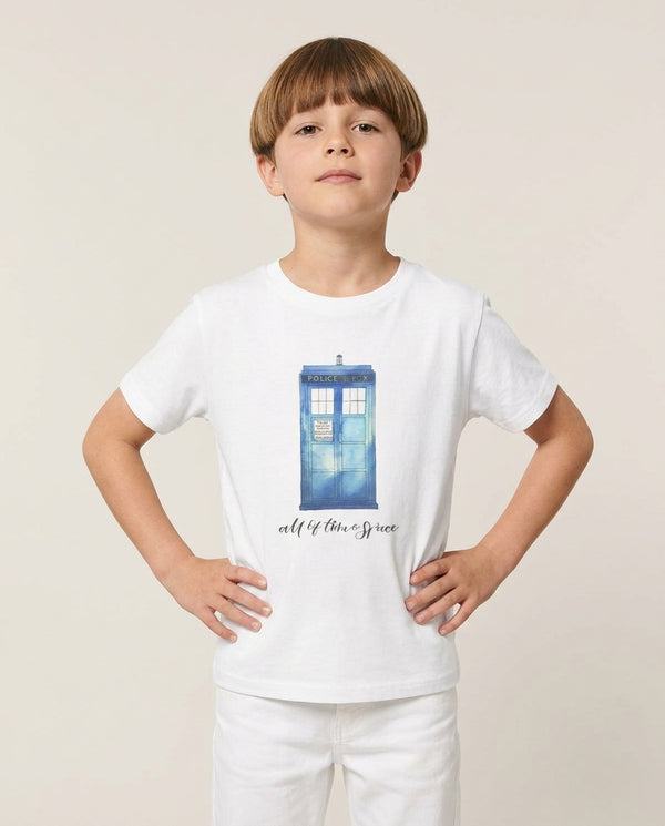 All of Time and Space Kids T-Shirt — White Front, worn