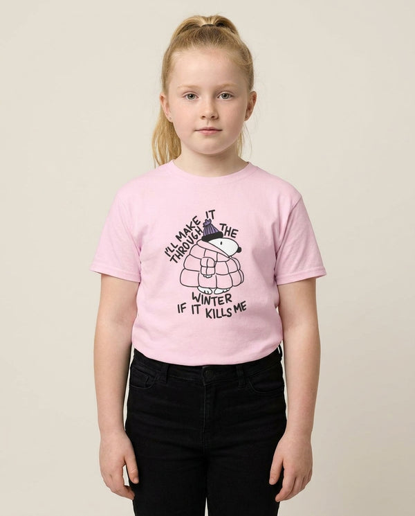 Puffer Jacket Beagle Kids T-Shirt Pink Front, worn