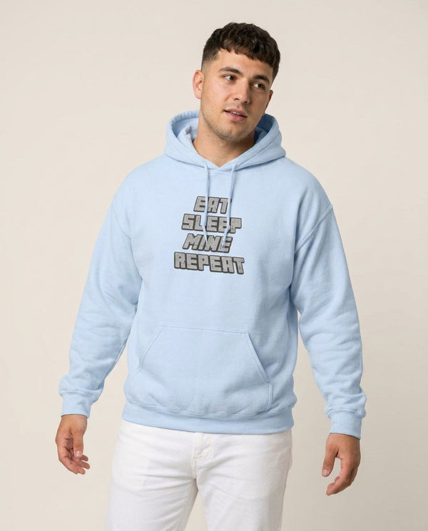 Eat Sleep Mine Repeat Hoodie — Blue Front, worn
