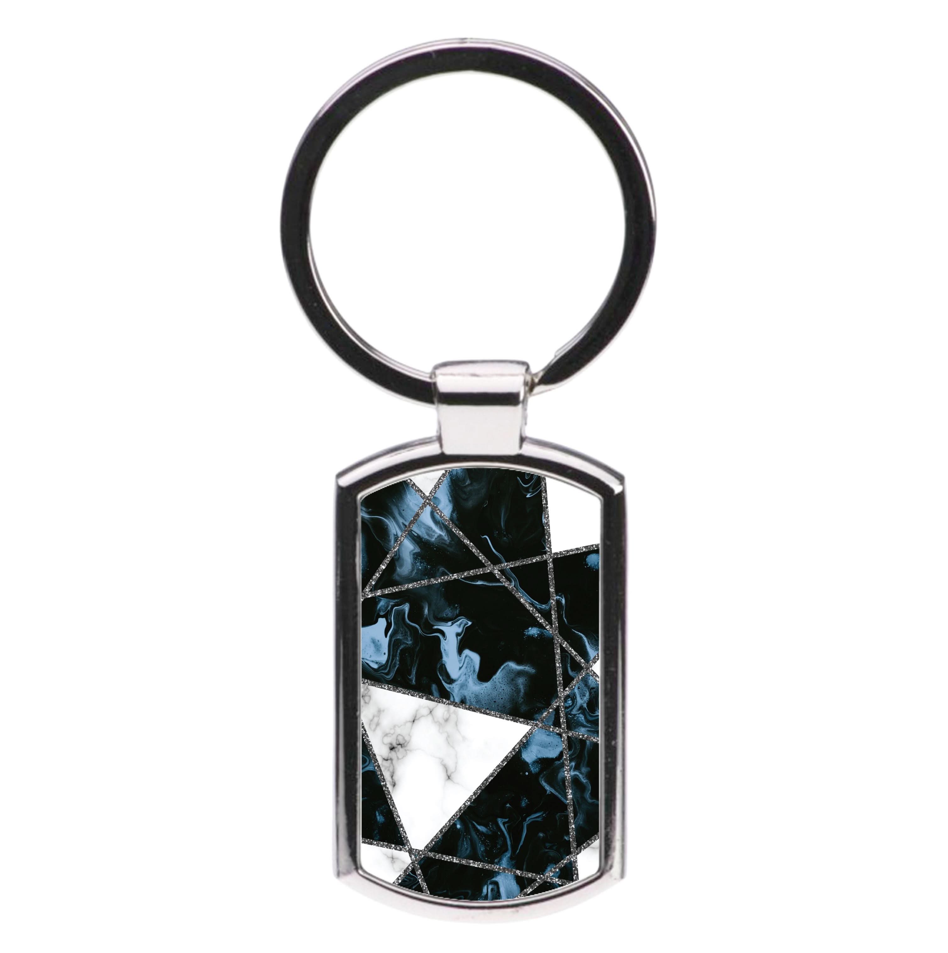 Dark Blue Marble And Silver Collage Luxury Keyring