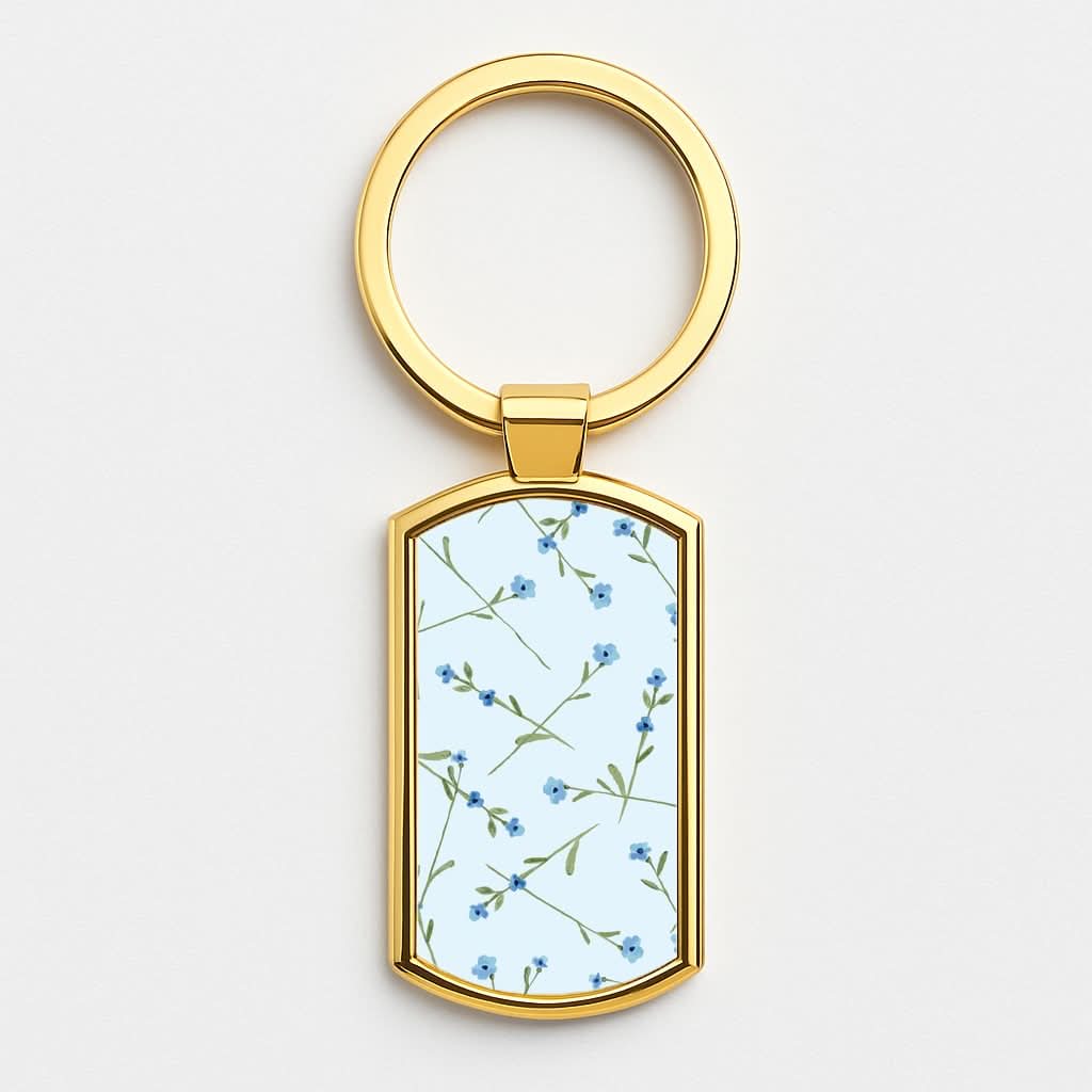 Baby Blue Floral Pattern Gold Keyring