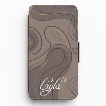 Brown Marble Waves Personalised Name Flip / Wallet Phone Case