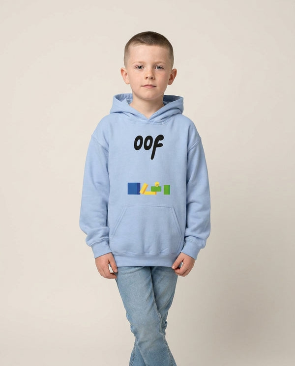 Oof Kids Hoodie — Blue Front, worn