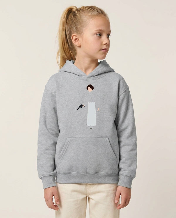 Leia Faceless With Gun Kids Hoodie — Grey Front, worn