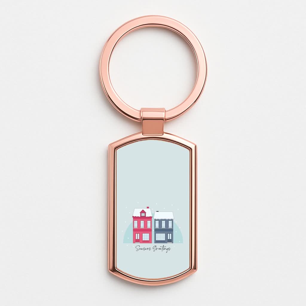 Seasons Greetings Winter Townhouses Rose Gold Keyring