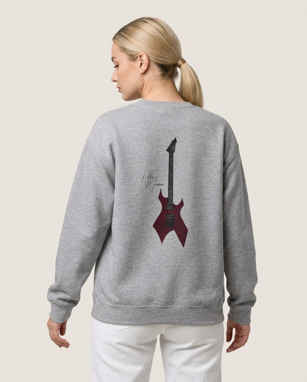 Eddie Munson Guitar Sweatshirt — Grey Back, worn