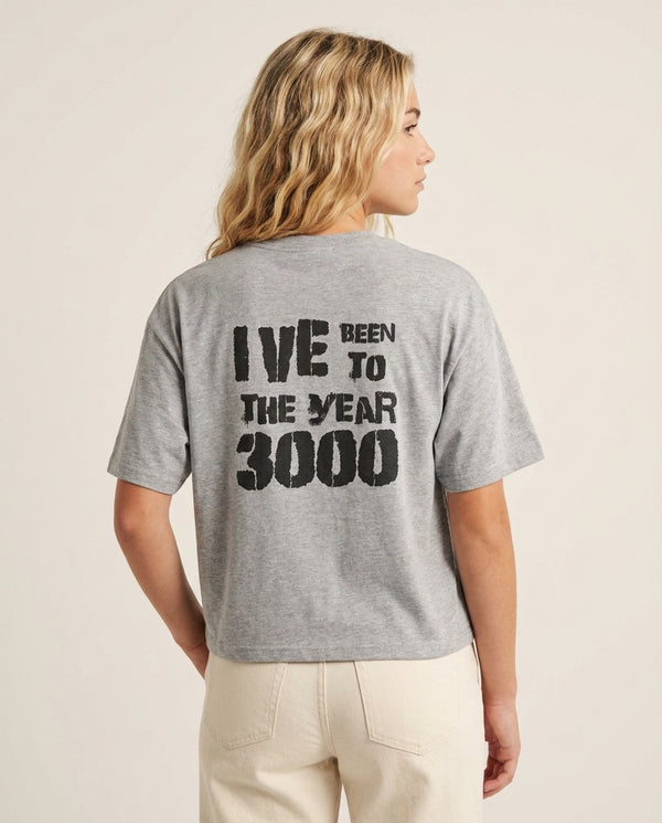 I've Been To The Year 3000 - Bust Band T-Shirt — Grey Back, worn
