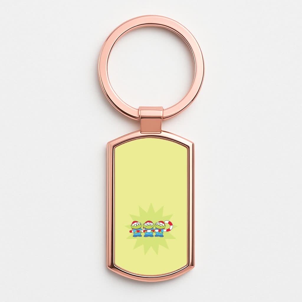 Cute Green Aliens Candycane Rose Gold Keyring