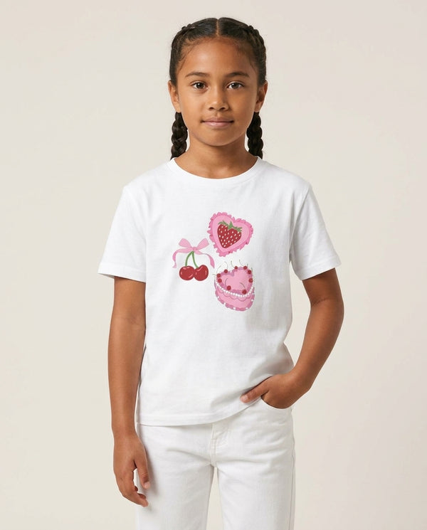 Cherries, Strawberries And Cake - Valentine's Day Kids T-Shirt — White Front, worn