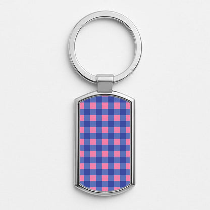 Pink And Blue Checkered Pattern Silver Metal Keyring