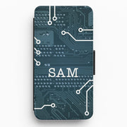 Blue Circuit Board Personalised Name Flip / Wallet Phone Case 1
