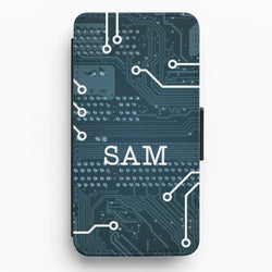 Blue Circuit Board Personalised Name Flip / Wallet Phone Case