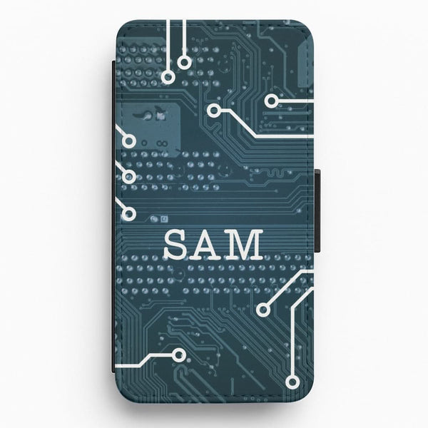 Blue Circuit Board Personalised Name Flip / Wallet Phone Case