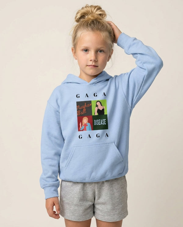 Gaga Collage Kids Hoodie — Blue Front, worn