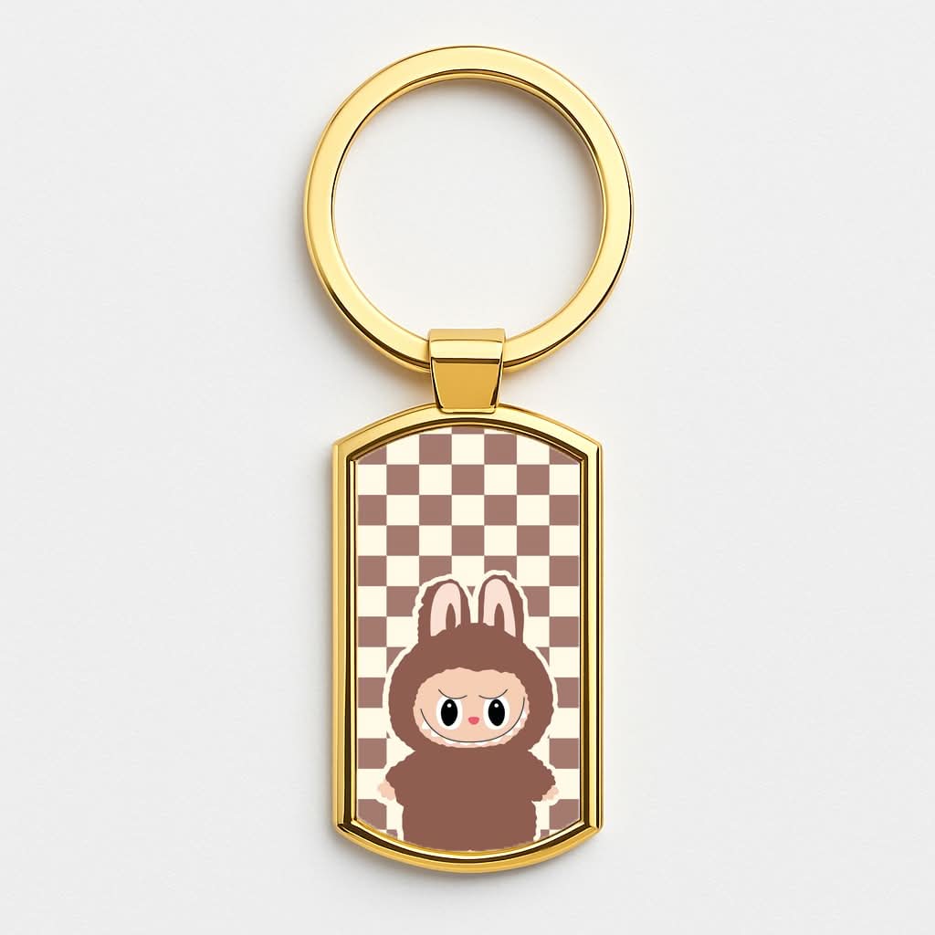 Checkered Cute Brown Monster  Gold Keyring